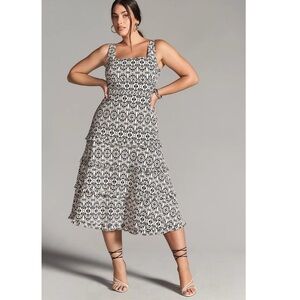 Anthropologie Blythe Black and White A-Line Midi Dress square neck tiered size S